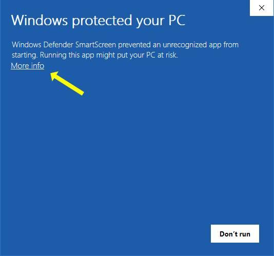 Windows SmartScreen "More info → Run anyway" prompt