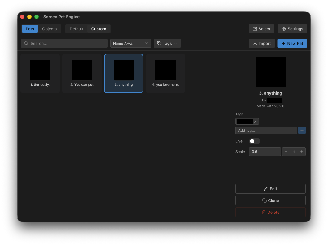 The Library window, annotated: type toggle, source toggle, search bar, card grid, detail panel