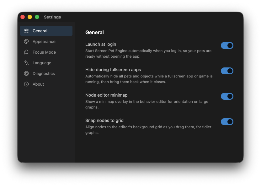 The Settings window with the General pane selected