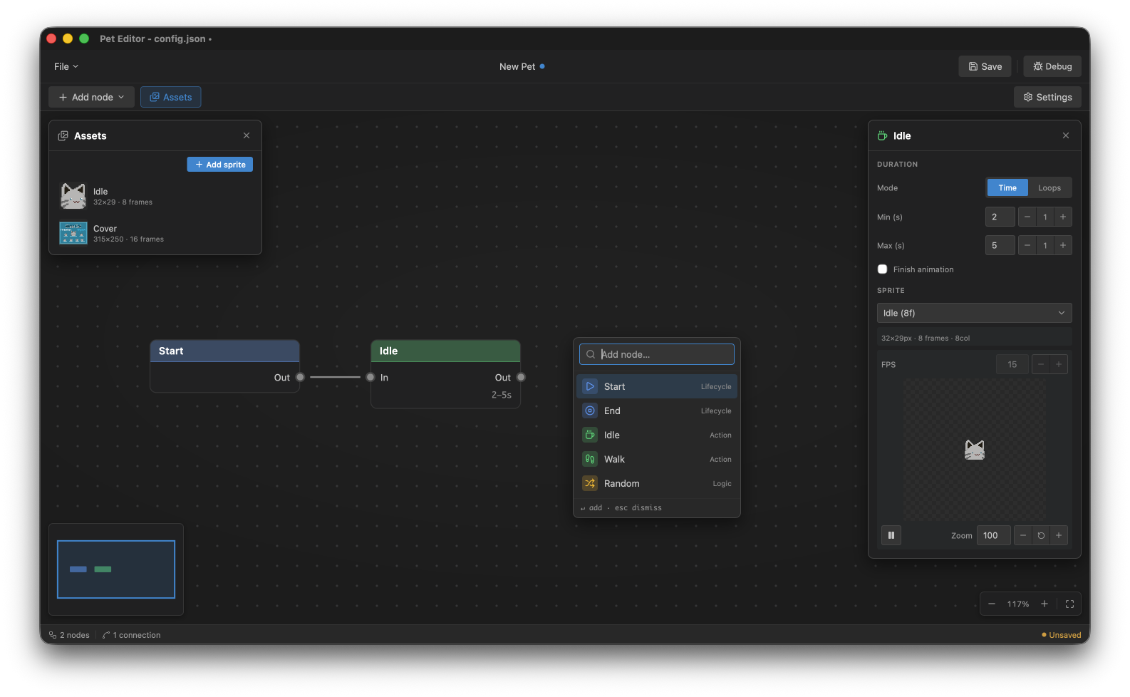 The editor: canvas with a Start → Walk → Idle → End graph, command bar, and inspector