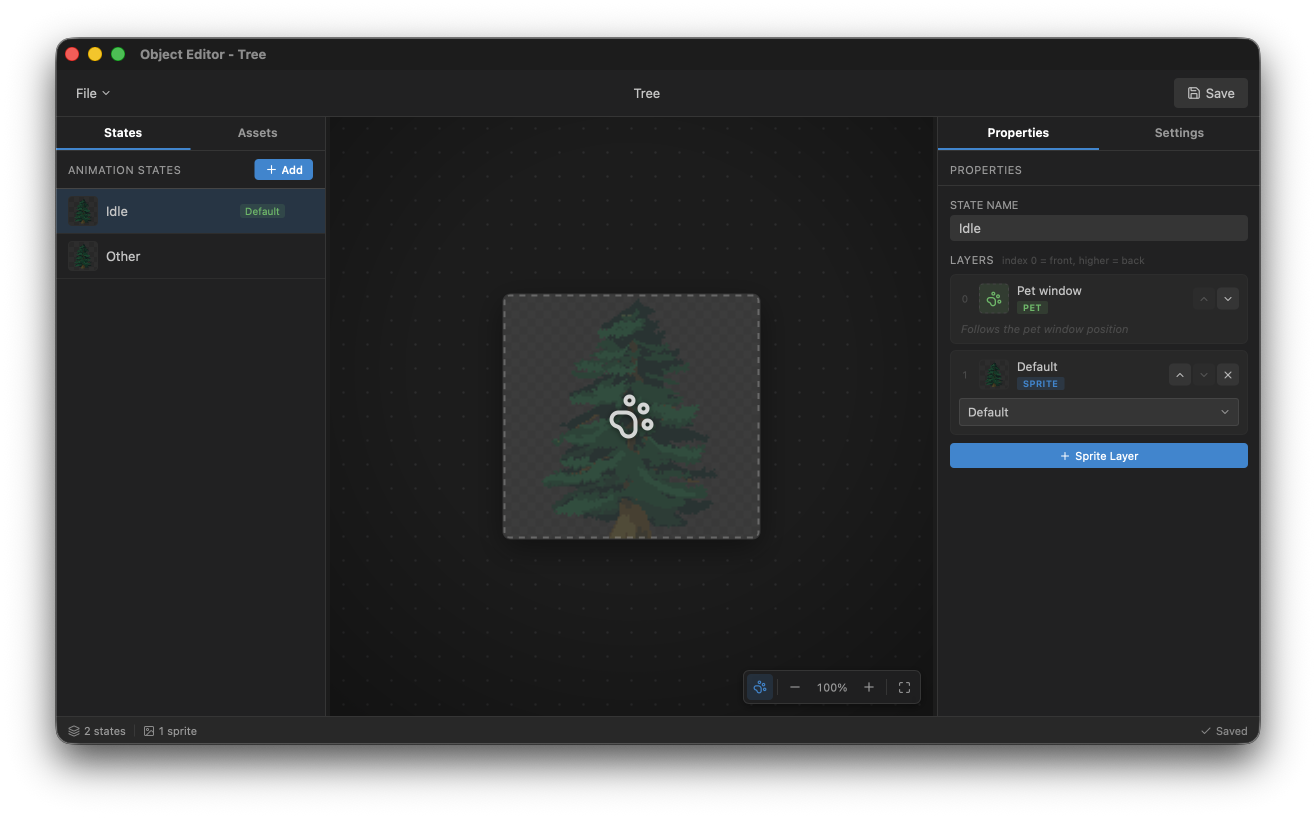 The Object Editor: States/Assets sidebar, sprite preview, Properties/Settings panel