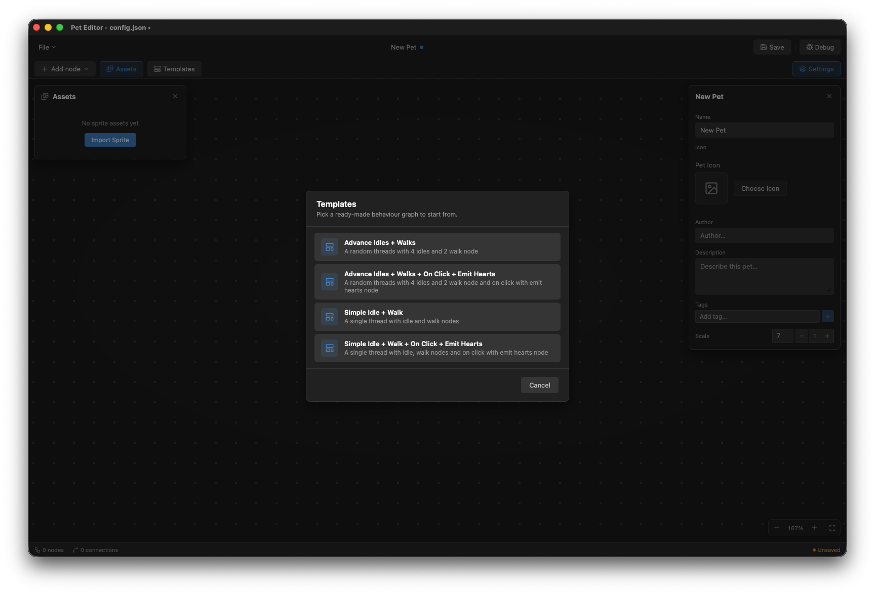 The template picker on a new pet's empty canvas, offering four quick-start templates